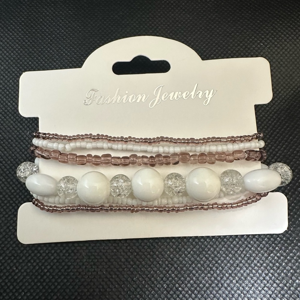 Elegant White and Pink Beaded Bracelet Set